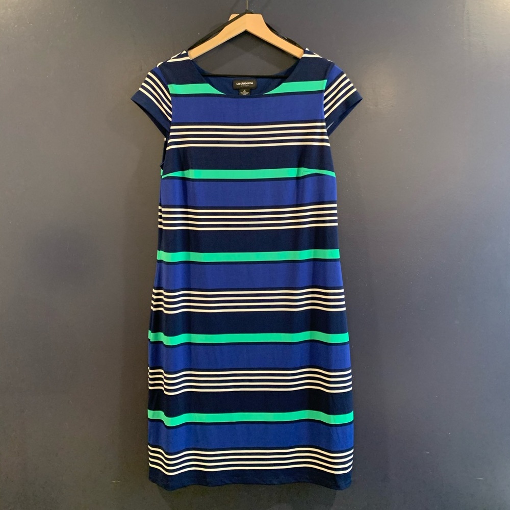 LIZ CLAIBORNE  M Lined Blue Striped Shift Dress